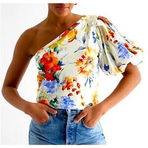 NWT Express  Floral Skimming One Shoulder Puff Sleeve Multi Color Top Small